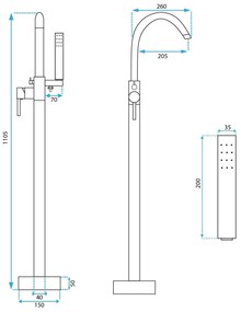 Rea Lungo, voľne stojaca batéria s ručnou sprchovou súpravou h-1105, grafitová, REA-B6396