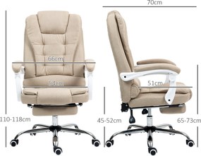 Ergonomická kancelárska stolička Vinsetto s podnožkou, sklopným operadlom, polstrovanými podrúčkami, béžová látková | Aosom