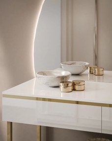 TOALETNÝ STOLÍK NESSIE BIELY LESK ĽAVÝ + ZLATÝ PODSTAVEC + ZRKADLO POLMESIAC