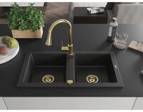Mexen Mario, 2-komorový granitový drez 820x436x161 mm a drezová batéria Elia, čierna-strieborná metalíza, 6504-73-670101-50