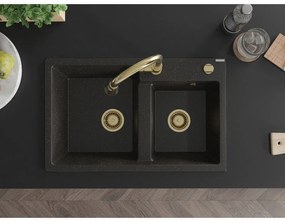 Mexen Tomas, 2-komorový granitový drez 800x500x190 mm a drezová batéria Elia, čierna-zlatá metalíza, 6516-75-670101-50