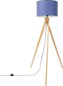 Stojacia lampa Natt, 1x modré textilné tienidlo, drevo