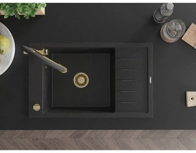 Mexen Elias, 1-komorový granitový drez 795x480x200 mm a drezová batéria Duo, čierna-strieborná metalíza, 6511-73-671701-57-G