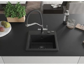 Mexen Milo, granitový drez 435x410x171 mm, 1-komorový a drezová batéria Duo, čierna-strieborná metalíza, 6505-73-671701-07-B