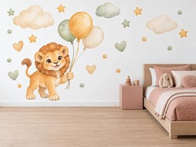 Levíček s balónikmi medové a šalviové akvarelové nálepky na stenu do detskej izby hárok 46 x 34 cm
