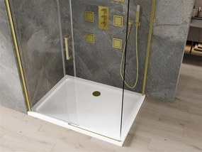Mexen Omega, sprchovací kút s posuvnými dverami 140 (dvere) x 90 (stena) cm, 8mm číre sklo, zlatý profil + slim sprchová vanička 5cm, 825-140-090-50-00-4010