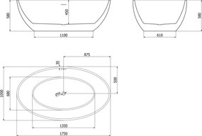 Mexen Nike, voľne stojaca vaňa 175 x 100 cm, biela-čierna, biely prepad, 54071751075-20