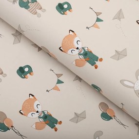 Biante Detská bavlnená obliečka na vankúš s lemom Sandra SA-701 Zajačiky a líšky s balónikmi - zelené na svetlo béžovom 50 x 60 cm