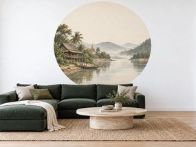 Dom na koloch pri tropickej rieke kruhová akvarelová dekorácia s tropickou riekou na stenu do obývačky arch 46 x 46 cm