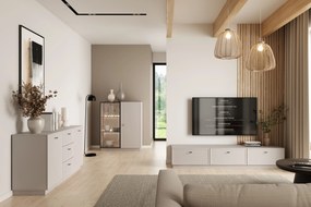 TV stolík Lorini 200 cm na sokli – kašmírová / čierna / úchytky T