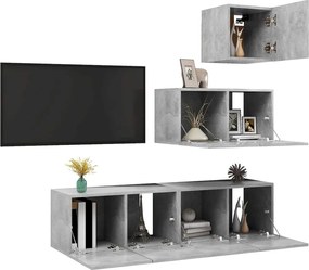 4-dielna súprava TV skriniek, betónovo sivá, kompozitné drevo