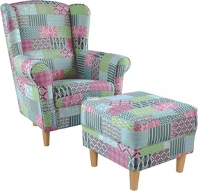 Kreslo ušiak s taburetom, látka patchwork M1, ASTRID