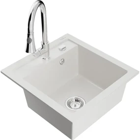 Mexen Vito, 1-komorový granitový drez 490x520x210 mm a drezová batéria Elia, biela, 6503-20-670101-00