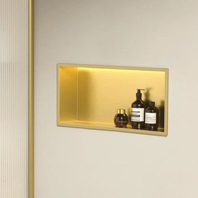Rea Vstavaná kúpeľňová polica s LED osvetlením 60x30 cm, kartáčovaná zlatá