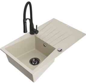 Mexen Cesar, 1-komorový granitový drez 775x470x190 mm a drezová batéria Aster, béžová, 6514-69-73450-70-B