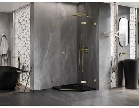 Mexen Lunar, päťuholníkový sprchový kút s pravým sklonom 90 x 90 cm, 8mm číre sklo, zlatý matný profil, 831-090P-090L-55-00-P