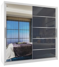 Šatníková skriňa 200 cm Belini biely mat / šedý lesk s posuvnými dverami zrkadlom a zásuvkami MGB SZP5/1/W/1L5S/KLAL