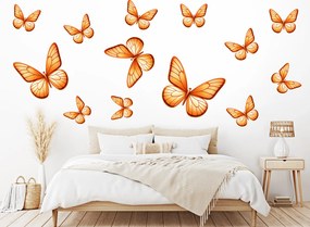 Motýle svetlo oranžové 13ks textilní prelepiteľná nálepka na stenu list 30 x 30 cm