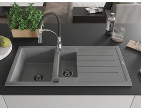 Mexen Andres, 1,5-komorový granitový drez 1000x500x200 mm a drezová batéria Aster, šedá, 6515-71-73450-07-B