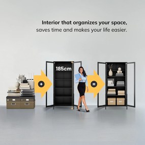 Sklenená vitrína ANGELO do obývačky – kovová, čierna, 800 x 1850 x 450 mm