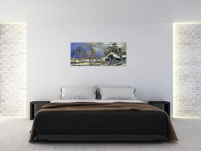 Obraz chalúpky v zimnej krajine, olejomaľba (120x50 cm)