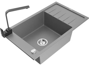 Mexen Elias, granitový drez granitový 795x480x200 mm, 1-komorový, šedá s chrómovým sifónom a čierna drezová batéria Rita, 6511-71-670300-70