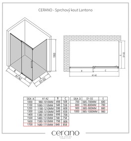 Cerano Lantono, sprchovací kút s posuvnými dverami 170(dvere) x 90(stena) x 195 cm, 8mm číre sklo, čierny profil, CER-CER-433232