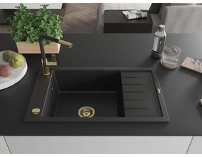 Mexen Elias, 1-komorový granitový drez 795x480x200 mm a drezová batéria Flora, čierna, 6511-77-670401-57-G