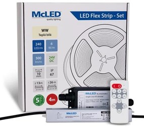 McLED  LED páska - sada 4 m + Prijímač Nano IP67, 240 LED/m, WW, 6 W/m, DC 24V, 500 lm/m, CRI90, IP67, 10 mm, vodič 3 m ML-126.034.90.S04002