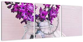Obraz fialových kvetín (s hodinami) (90x30 cm)