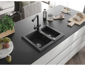 Mexen Carlos, 1,5-komorový granitový drez 582x475x177 mm a drezová batéria Duero, čierna škvrnitá, 6518-76-671600-70