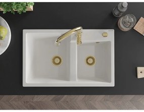 Mexen Tomas, granitový drez 800x500x190 mm, 2-komorový a drezová batéria Savita, biela, 6516-20-672601-50