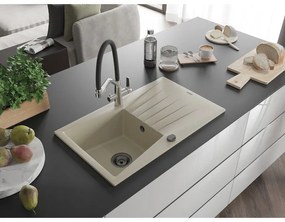 Mexen Cesar, 1-komorový granitový drez 775x470x190 mm a drezová batéria Duo, béžová, 6514-69-671701-07-B
