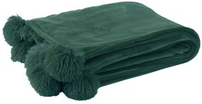 Huňatá deka v krásnej tmavozelenej farbe s pomponmi na bokoch deky 173 x 126 cm 37747