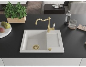 Mexen Enzo, granitový drez 576x465x174 mm, 1-komorový a drezová batéria Carla, biela, 6506-20-670700-50