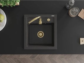 Mexen Vito, granitový drez 520x490x210 mm, 1-komorový, čierna škvrnitá so zlatým sifónom, 6503521000-76-G