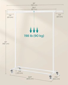 Stojan na šaty s kolieskami, nosnosť 100 kg, biely