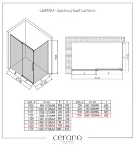 Cerano Lantono, sprchovací kút s posuvnými dverami 160(dvere) x 100(stena) x 195 cm, 8mm číre sklo, chrómový profil, CER-CER-432280