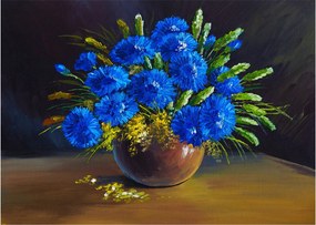Sklenený obraz modrých kvetov vo váze (70x50 cm)