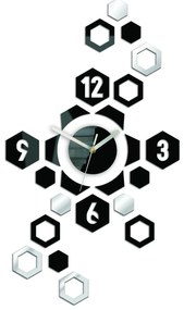 3D nalepovacie hodiny Hexagon čierno-zrkadlové