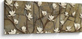 Obraz - Biele magnólie na kamennom murive (s hodinami) (90x30 cm)
