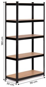 Regál čiernej farby s 5 policami  Hĺbka 30 cm