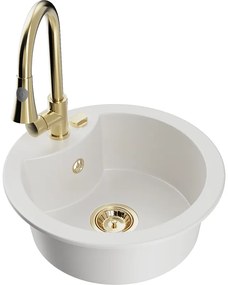 Mexen Diego, 1-komorový granitový drez 488x488x167 mm a drezová batéria Elia, biela, 6512-20-670101-50
