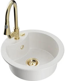 Mexen Diego, 1-komorový granitový drez 488x488x167 mm a drezová batéria Elia, biela, 6512-20-670101-50