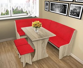Nabytekmorava Jedálenská rohová lavica sa štokrlemi a stolom farba lamina: Dub sonoma svetlý, čalúnenie vo farbe: Alova červená