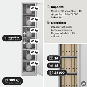 Kartotéková skriňa na spisy uzamykateľná na kľúč vysoká sivá, 450x2200x400 mm: ALEX H2200