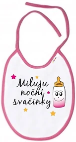 Baby Nellys Nepremokavý podbradník Miluju noční svačinky, 24 x 27 cm-biely s ružovým lemom