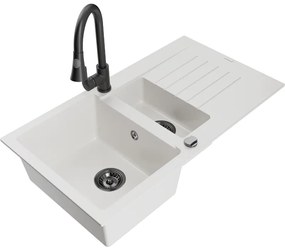 Mexen Matias, 1,5-komorový granitový drez 900x505x200 mm a drezová batéria Elia, biela, 6502-20-670101-70
