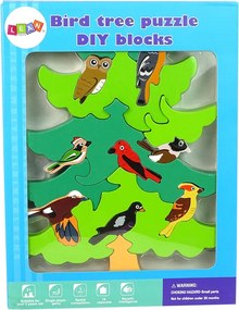 LEAN Toys Drevený vtáčí strom DIY Drevené puzzle bloky trojrozmerné