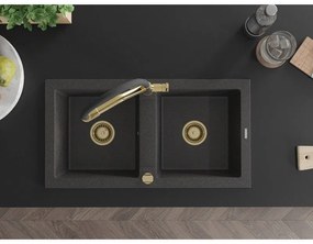 Mexen Mario, granitový drez 820x436x161 mm, 2-komorový a drezová batéria Duo, čierna škvrnitá, 6504-76-671701-57-G